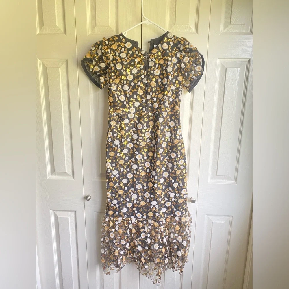 New Self-Portrait Black Sequins Embellished Short Sleeves Belted Mesh Midi Dress - Picture 4 of 14